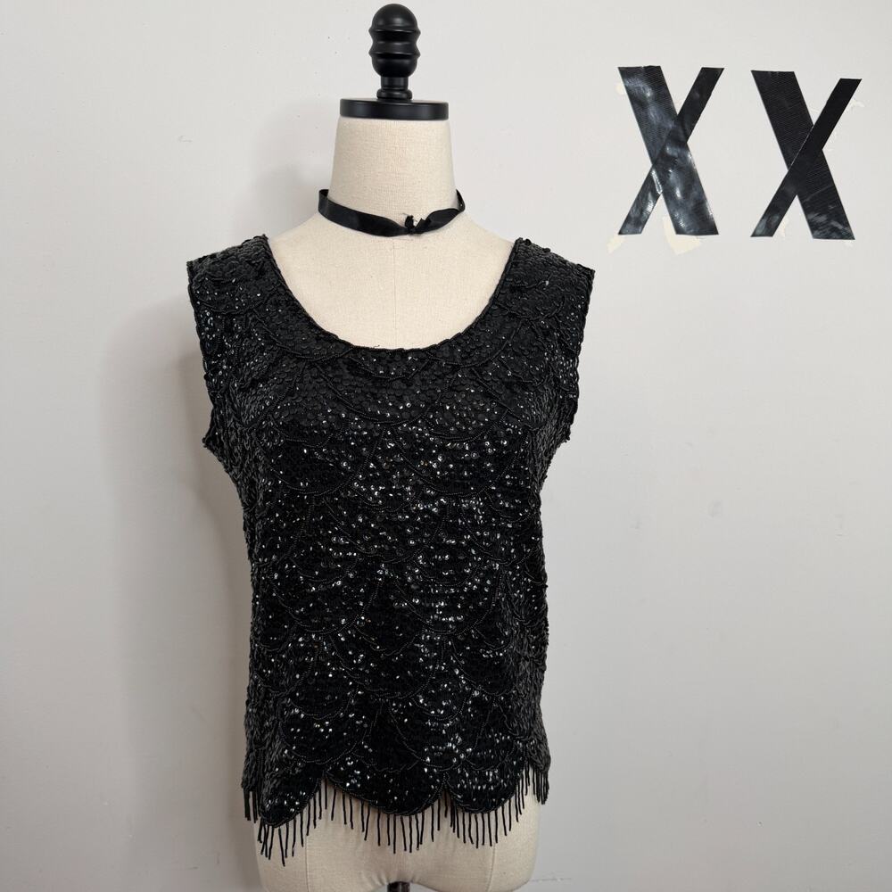 Vintage 50s Black Sequin Bead Fringe Scalloped Hem Low Back Zip Party Top